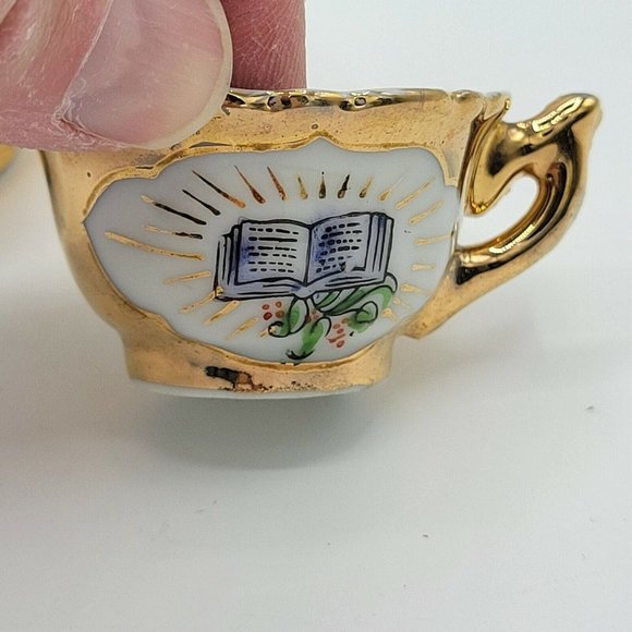 Miniature Teapot And Teacup Vintage Bible Print Religious Gold Plate Doll Teapot - Picture 3 of 12